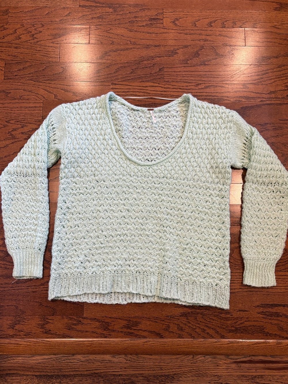 Free People Oversized Mint Green Open Knit Crochet V-Neck Sweater Large